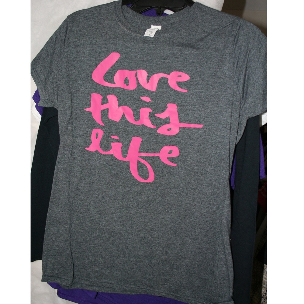 Gildan Softstyle Love This Life Graphic T-Shirt Gray Pink XL Womens